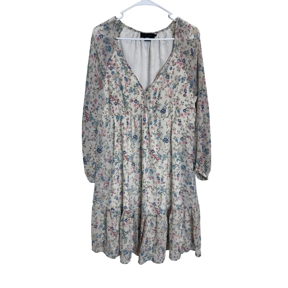Hatch Dress Womens Medium Ivory Blue Pink Floral Long Sleeve Boho Spring Midi